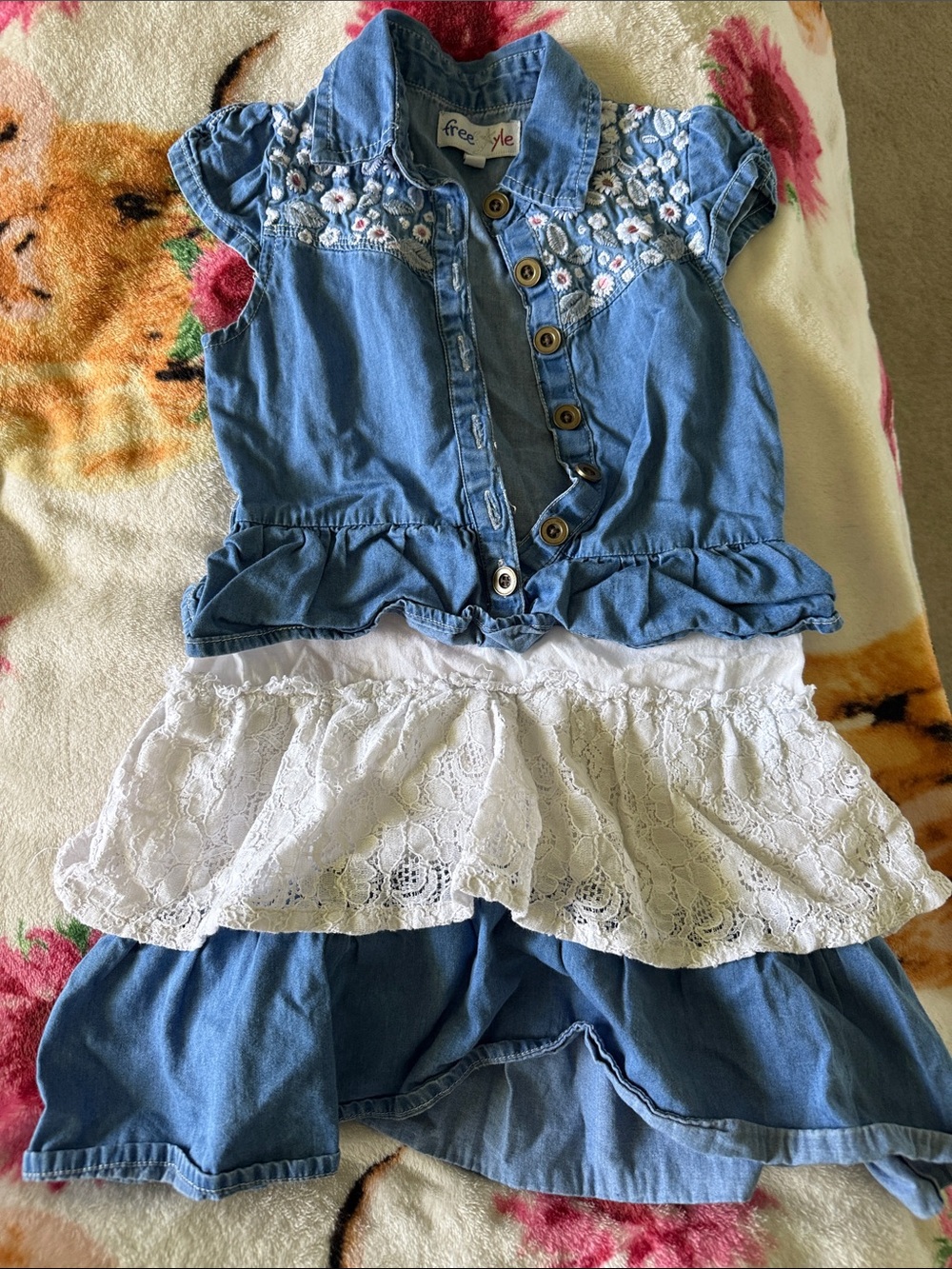 Freestyle Blue Denim Dress with White Lace Tiered Skirt